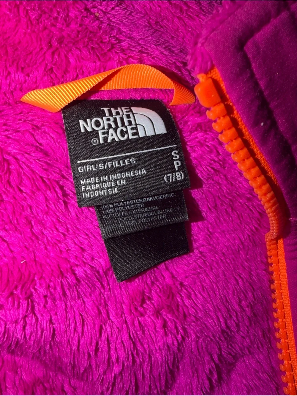 The North Face Plush Fleece Jacket in Hot Pink with Orange Trim